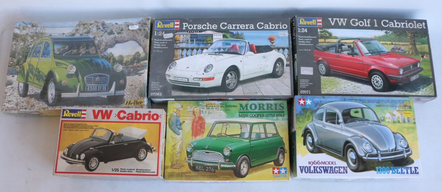 Six unstarted 1/24 scale plastic car model kits to include a Tamiya ...