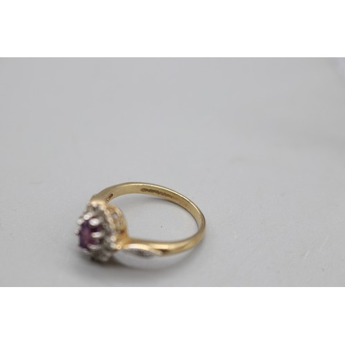 9 - Hallmarked 9ct yellow gold Amethyst faceted oval halo set ring with diamond-set shoulders, size L, w... 