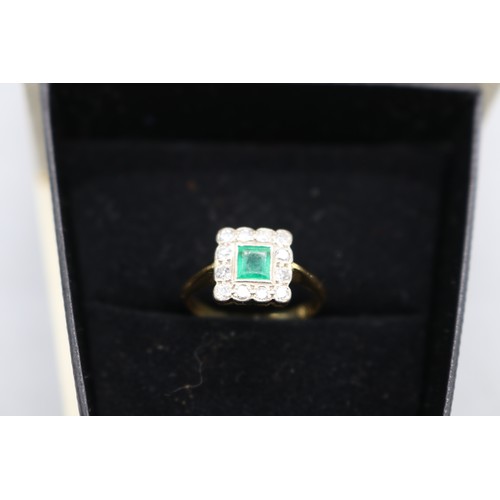5 - Stamped 18ct yellow gold princess cut emerald ring, bezel set with millgrain edge and scalloped edge... 