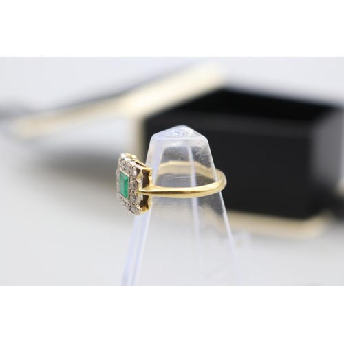 5 - Stamped 18ct yellow gold princess cut emerald ring, bezel set with millgrain edge and scalloped edge... 