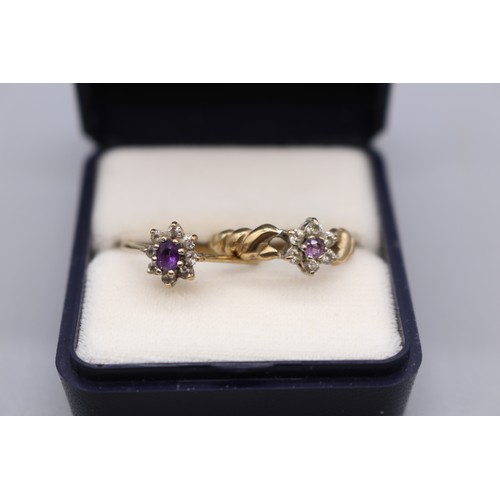 48 - Lot of two 9ct yellow gold amethyst rings, comprising a hallmarked 9ct yellow gold flower set amethy... 