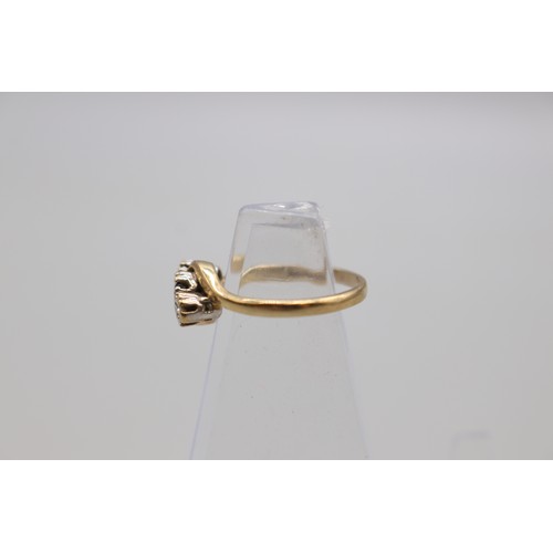 49 - Hallmarked 9ct yellow gold dark sapphire and illusion-set diamond three stone trilogy ring with twis... 