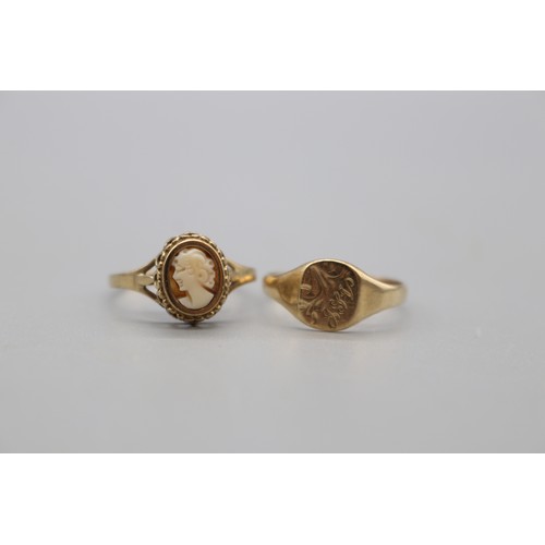 53 - Lot of two hallmarked 9ct yellow gold rings, comprising a small oval cameo ring with split shoulders... 