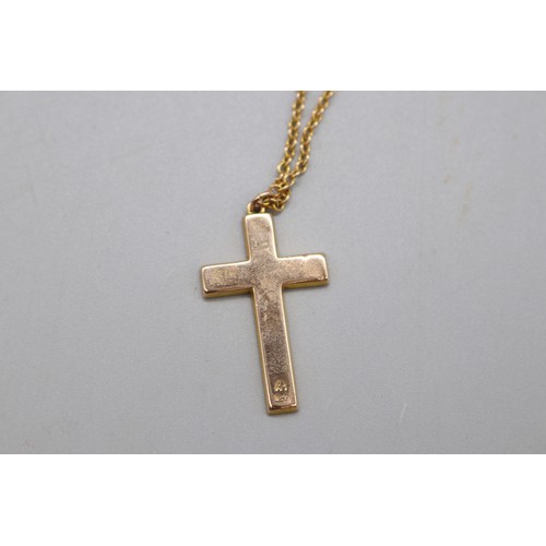54 - Stamped 9ct yellow gold cross pendant with hand engraved scrollwork on a stamped 9ct yellow gold bel... 