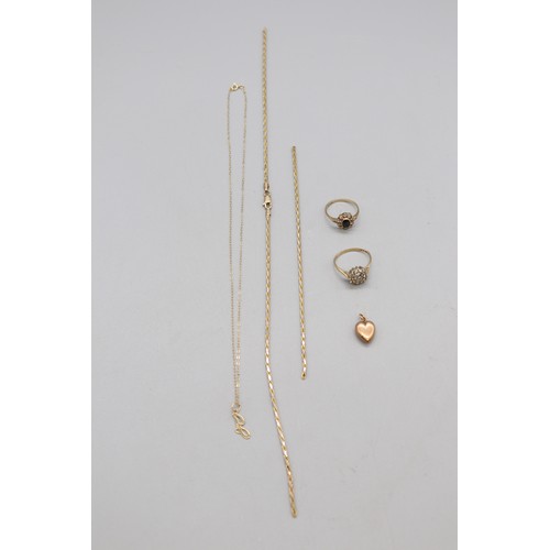 60 - Lot of hallmarked 9ct yellow gold items, comprising an oval dark sapphire halo set ring with CZ whit... 