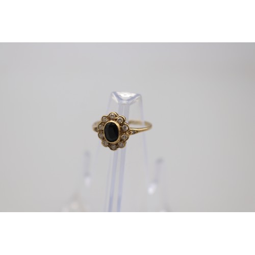 60 - Lot of hallmarked 9ct yellow gold items, comprising an oval dark sapphire halo set ring with CZ whit... 