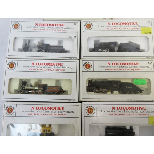 32 - Nine boxed N gauge locomotive models from Bachmann incl. seven steam locomotives in various styles (... 
