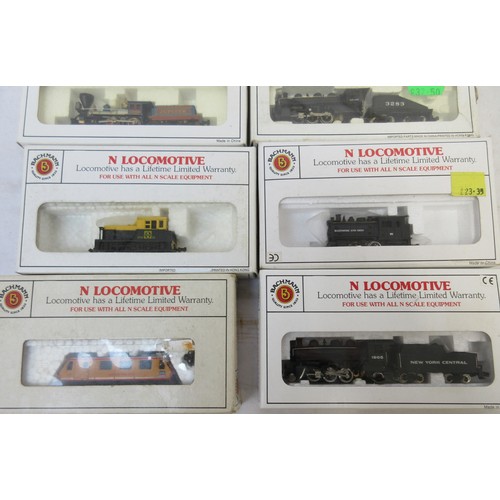 32 - Nine boxed N gauge locomotive models from Bachmann incl. seven steam locomotives in various styles (... 