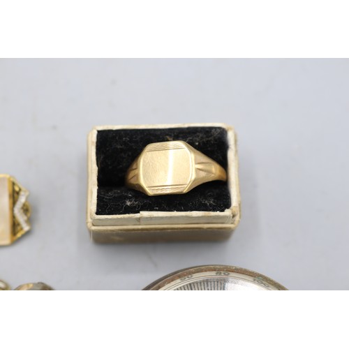 51 - Two 9ct gold signet rings, shanks stamped .375, gross weight 6.1g; brass military type compass with ... 