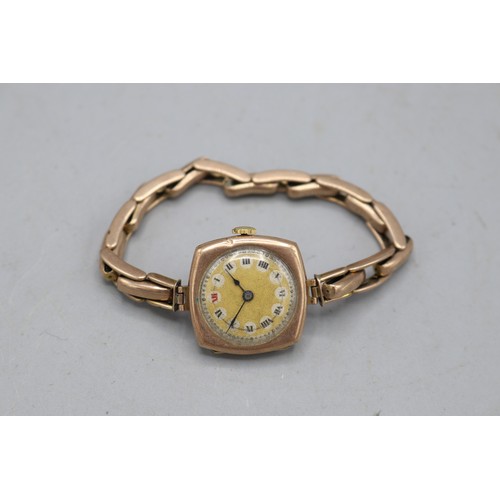 245 - Swiss ladies 9ct rose gold wristwatch on Regent Patent 5361/15 expanding bracelet stamped 9ct, matt ... 