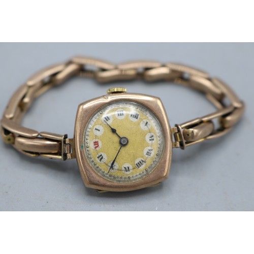 245 - Swiss ladies 9ct rose gold wristwatch on Regent Patent 5361/15 expanding bracelet stamped 9ct, matt ... 