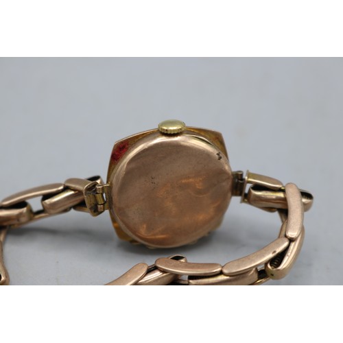 245 - Swiss ladies 9ct rose gold wristwatch on Regent Patent 5361/15 expanding bracelet stamped 9ct, matt ... 