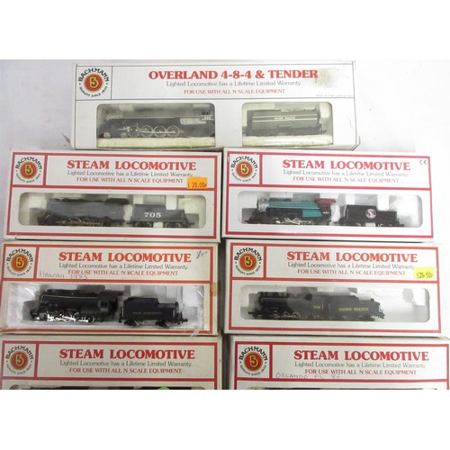 33 - Eight boxed N gauge steam locomotive models from Bachmann incl. Overland 4-8-4 & tender, models in v... 