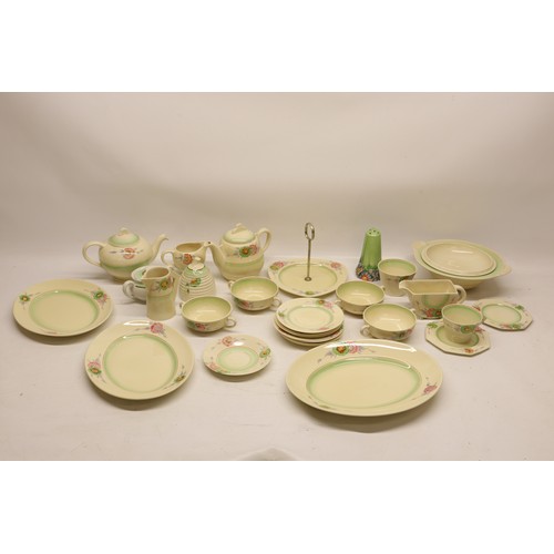795 - Collection of Clarice Cliff tea and dinner ware, incl. honey pot, two teapots, teacups, soup cups, s... 