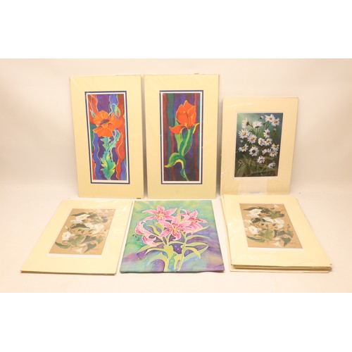 745 - Iris O. Roberts (Contemporary) botanical selection inc. hand-painted silk on board of pink Stargazer... 