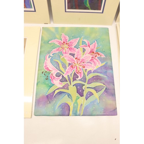 745 - Iris O. Roberts (Contemporary) botanical selection inc. hand-painted silk on board of pink Stargazer... 