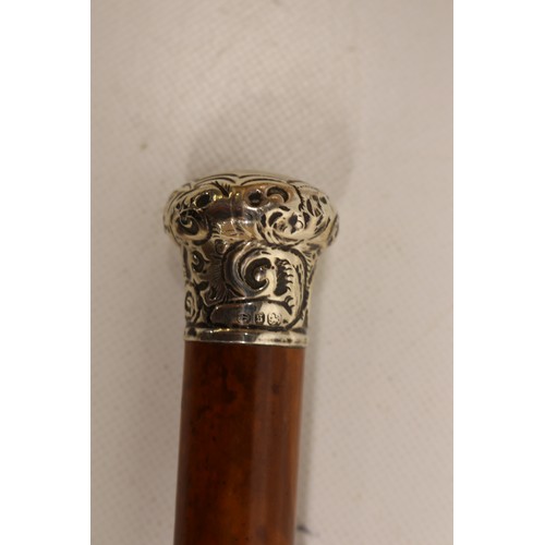 311 - Victorian silver topped walking cane, lacquered Malacca wood shaft, metal ferrule & silver knob with... 