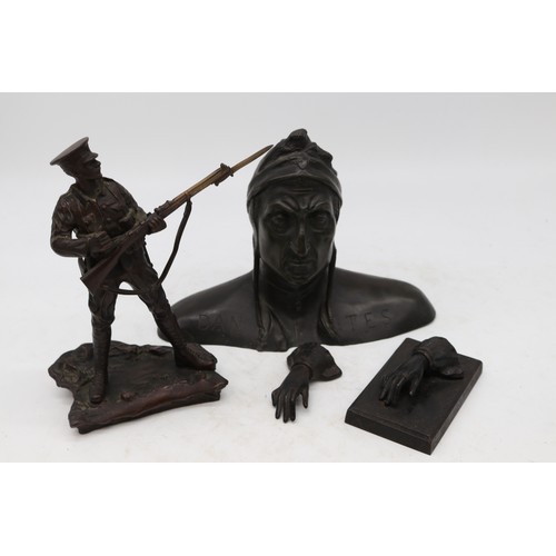 727 - Bronzes, cast bronze First World War soldier, hollow bronze 'dantes' bust, and bronze hand on on pli... 