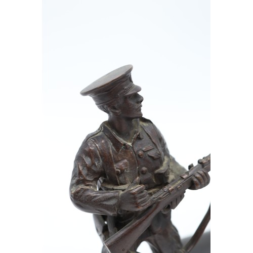 727 - Bronzes, cast bronze First World War soldier, hollow bronze 'dantes' bust, and bronze hand on on pli... 