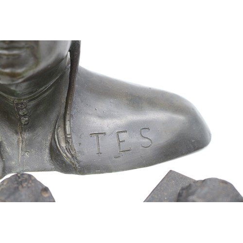 727 - Bronzes, cast bronze First World War soldier, hollow bronze 'dantes' bust, and bronze hand on on pli... 