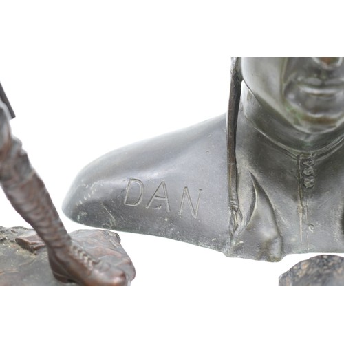 727 - Bronzes, cast bronze First World War soldier, hollow bronze 'dantes' bust, and bronze hand on on pli... 