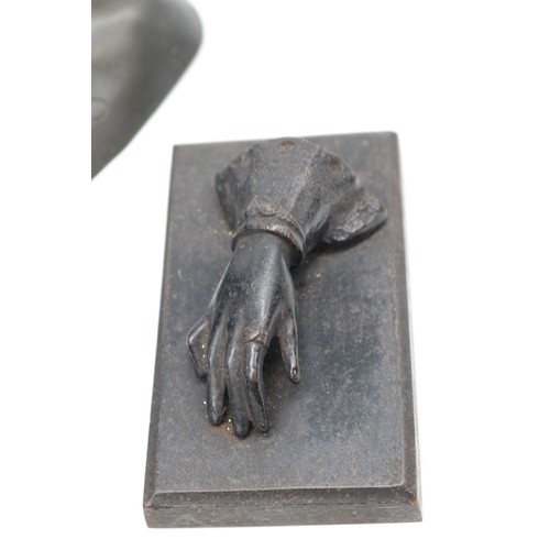 727 - Bronzes, cast bronze First World War soldier, hollow bronze 'dantes' bust, and bronze hand on on pli... 