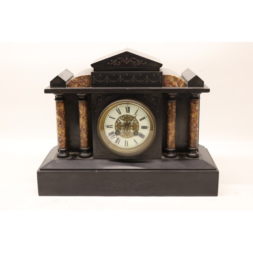 921 - J. Marti et Cie, 8 day slate and variegated marble mantle clock, architectural case, 3 3/4