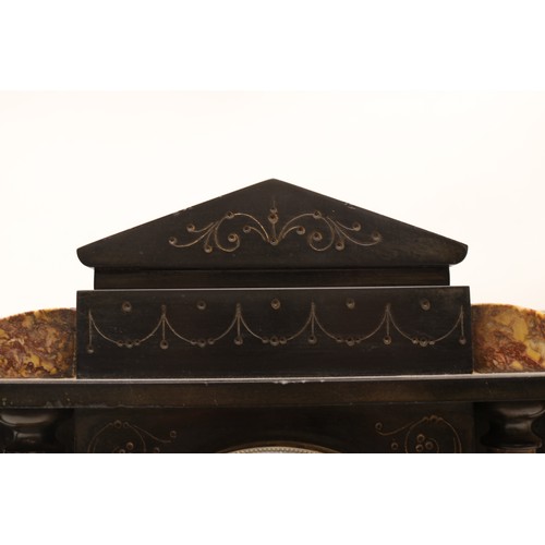 921 - J. Marti et Cie, 8 day slate and variegated marble mantle clock, architectural case, 3 3/4
