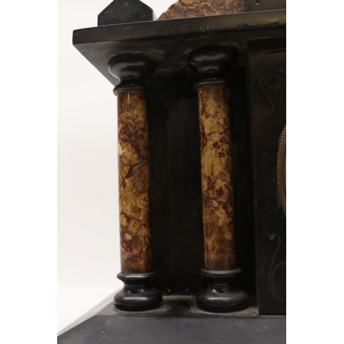 921 - J. Marti et Cie, 8 day slate and variegated marble mantle clock, architectural case, 3 3/4