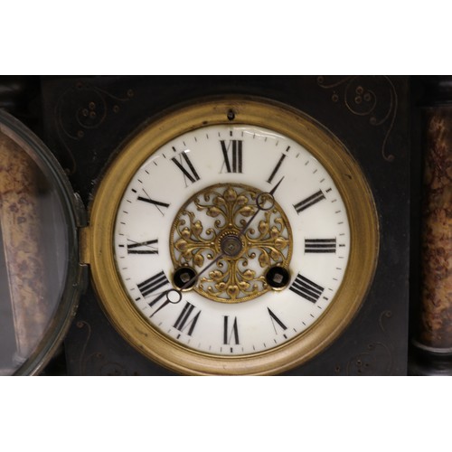 921 - J. Marti et Cie, 8 day slate and variegated marble mantle clock, architectural case, 3 3/4