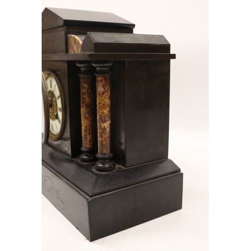 921 - J. Marti et Cie, 8 day slate and variegated marble mantle clock, architectural case, 3 3/4