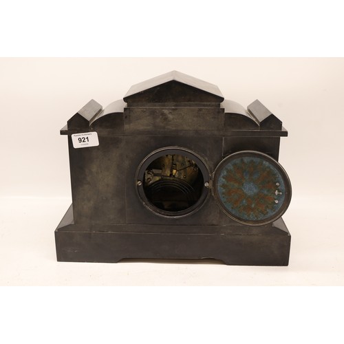 921 - J. Marti et Cie, 8 day slate and variegated marble mantle clock, architectural case, 3 3/4