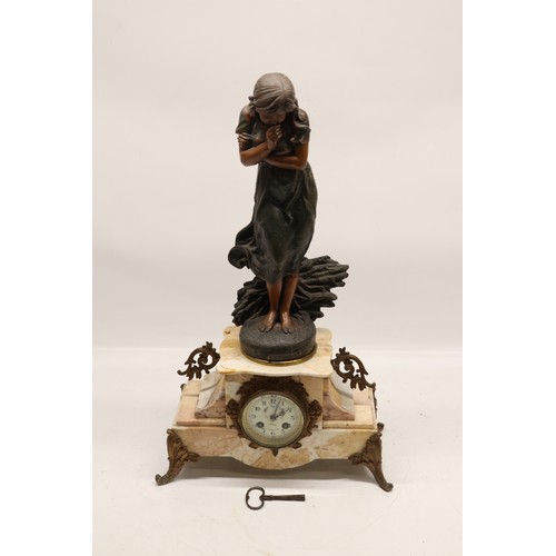 920 - Japy Freres et Cie, 8 day figural cream marble mantle clock, shaped case surmounted by cold painted ... 