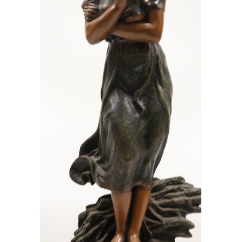 920 - Japy Freres et Cie, 8 day figural cream marble mantle clock, shaped case surmounted by cold painted ... 