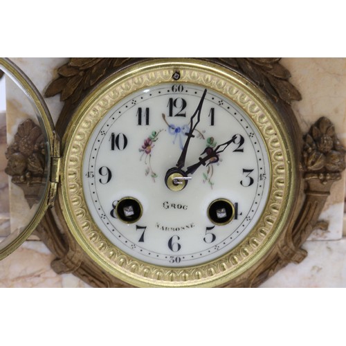 920 - Japy Freres et Cie, 8 day figural cream marble mantle clock, shaped case surmounted by cold painted ... 