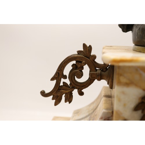 920 - Japy Freres et Cie, 8 day figural cream marble mantle clock, shaped case surmounted by cold painted ... 