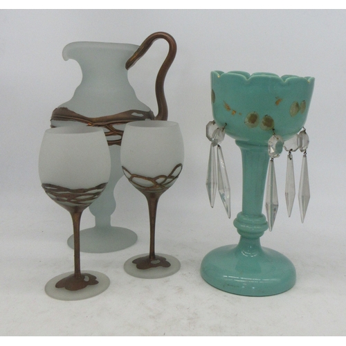 732 - Turquoise glass lustre, with clear drops A/F and a frosted glass wine jug and two wine cups with bro... 