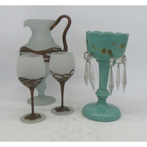 732 - Turquoise glass lustre, with clear drops A/F and a frosted glass wine jug and two wine cups with bro... 