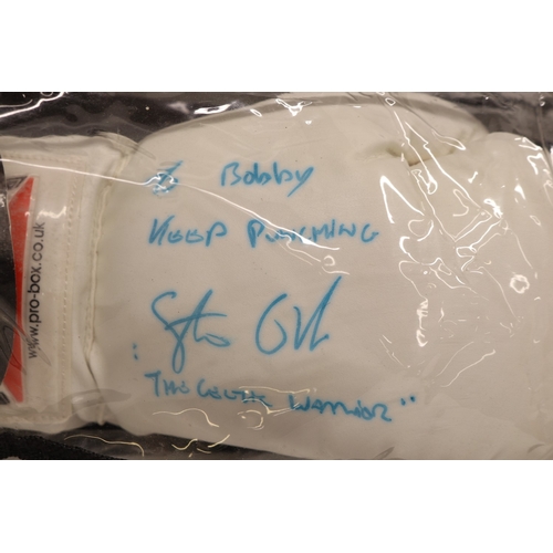 990 - Pro-Box boxing glove signed by Steve Collins, addressed to Bobby Davro, 'Keep Punching', with carry ... 