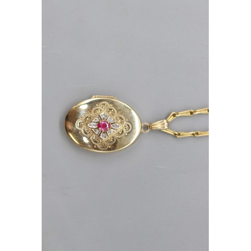5 - A hallmarked 9ct yellow gold ruby and diamond locket on a hallmarked 9ct yellow gold barleycorn link... 
