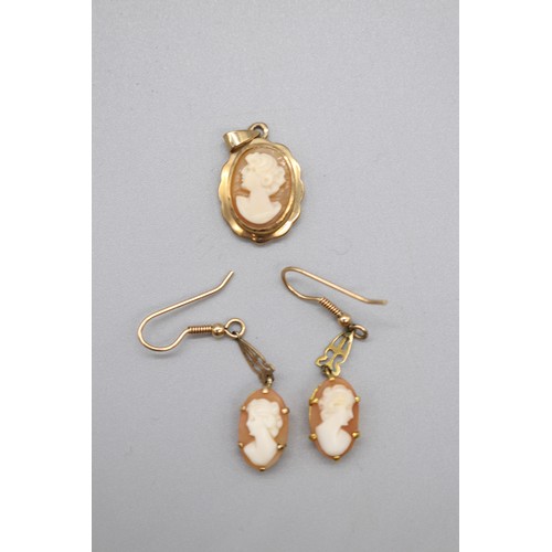 20 - A hallmarked 9ct yellow gold cameo pendant and drop earring suite, comprising an oval cameo pendant ... 