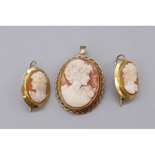 28 - Shell cameo jewellery, comprising a pair of hallmarked 9ct yellow gold cameo earrings (5.43g), and a... 