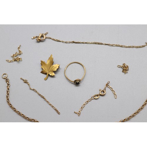 19 - A mixed lot of gold items, comprising a hallmarked 9ct yellow gold sapphire solitaire ring, size L½ ... 