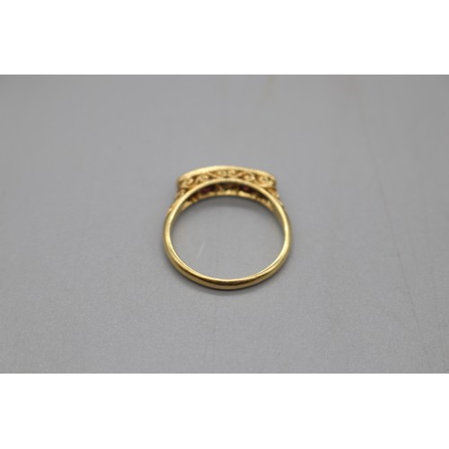 49 - Stamped 18ct yellow gold amethyst and diamond five-stone ring, with filigree setting, set with two c... 