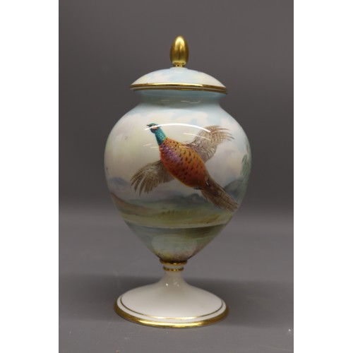 38A - Minton hand painted porcelain lidded vase, 'Pheasants in Flight' signed by A Holland, H15cm
Bradley'... 
