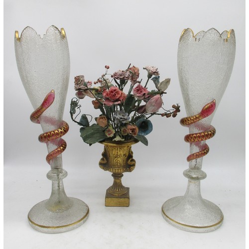 59 - The Janet Ellis Collection - Pair of Harrach style large vases, crackle glass with cranberry glass s... 