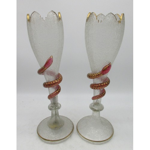 59 - The Janet Ellis Collection - Pair of Harrach style large vases, crackle glass with cranberry glass s... 