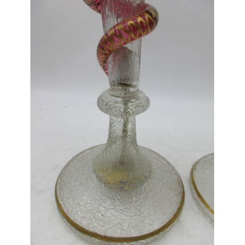59 - The Janet Ellis Collection - Pair of Harrach style large vases, crackle glass with cranberry glass s... 