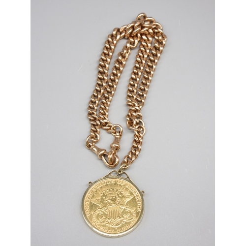 USA 1907 Twenty Dollars San Francisco Mint in 9ct stamped mounted with 9ct stamped chain (total weight 105g)
Bradleys shipping £25.00 plus vat (UK Only)