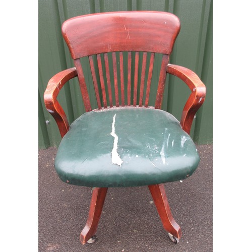 57 - The Janet Ellis Collection - 20th century Slat back swivel office chair with green leather seat, on ... 